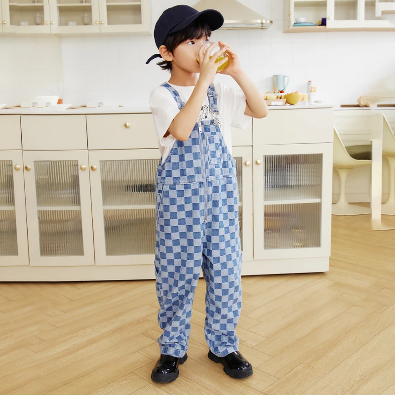 littlemoco童装22秋装新款男女童棋盘格牛仔背带裤#KBB3JPS002