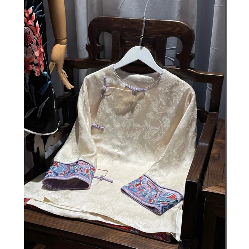 2024秋款新中式国风复古盘扣撞色上衣温柔气质禅意高级感提花衬衫