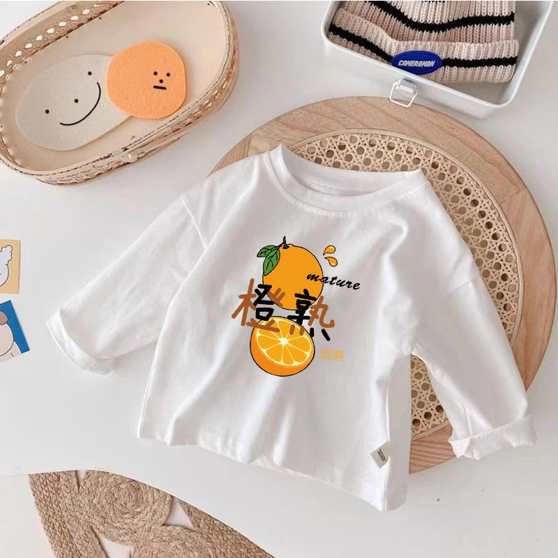 新款100%纯棉春秋季纯白色儿童上衣童装长袖t恤卡通印花中小童T
