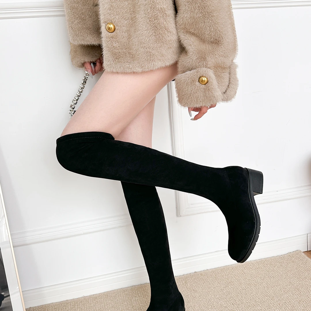 圆头低跟秋冬新款平底过膝长靴小个子加绒弹力靴粗跟长筒瘦瘦靴