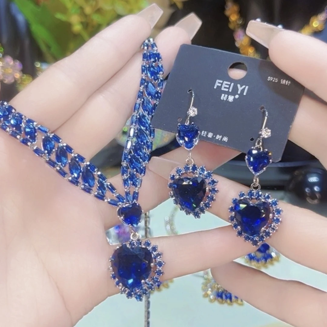 铜合金锆石吊坠 项链女海洋之心超仙项链不掉色925银针耳环百搭