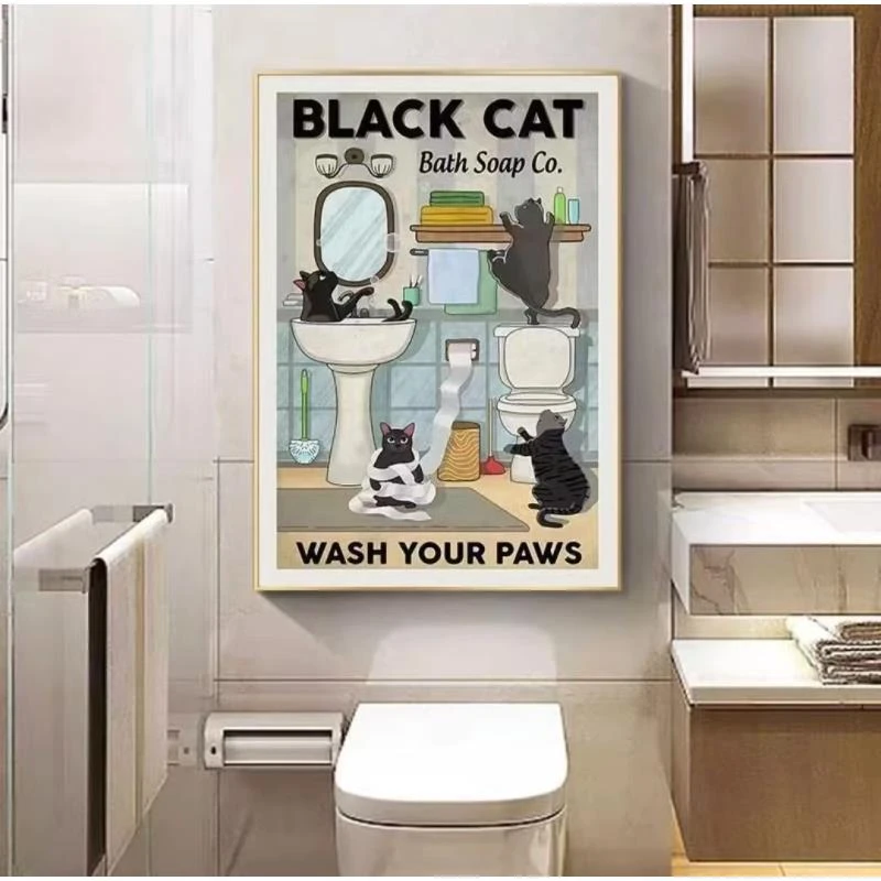 卡通小猫复古挂画客厅浴室防水壁画儿童房装饰画猫4060