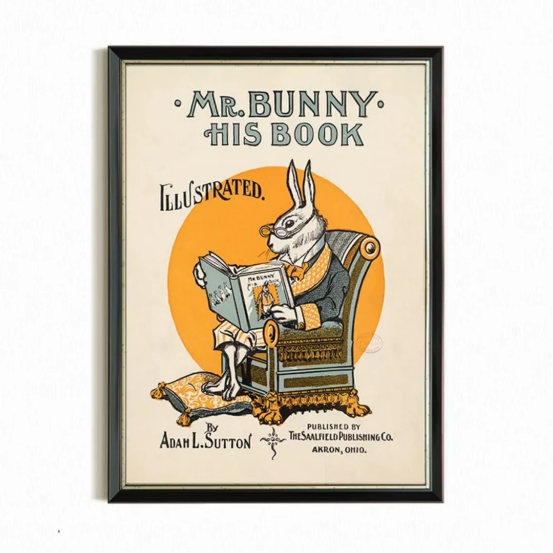 美式复古看书的兔子先生小众欧框装裱手工砂岩背景画兔子4060