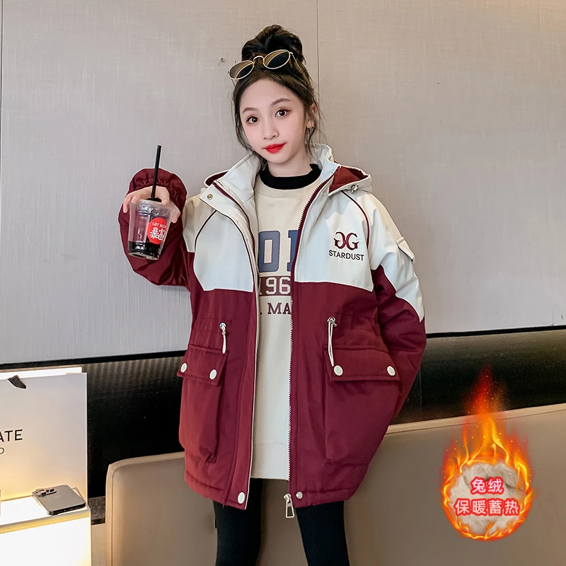 女童外套加绒加厚秋冬款2023新款儿童洋气时髦风衣女孩网红派克服
