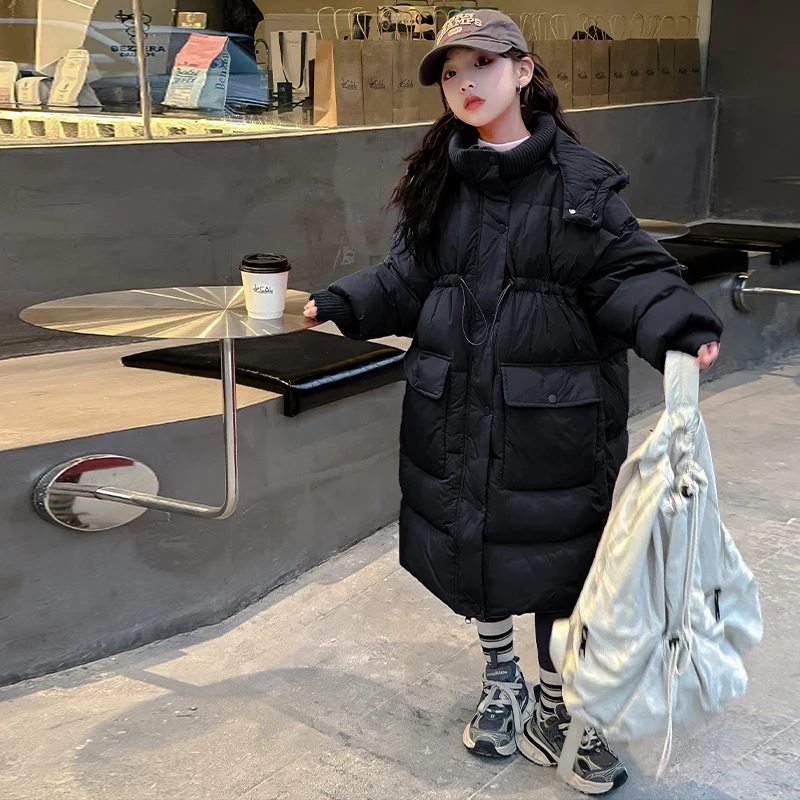 女童中长款羽绒服三防冬季2023新款洋气冬装中大童白鸭绒加厚外套