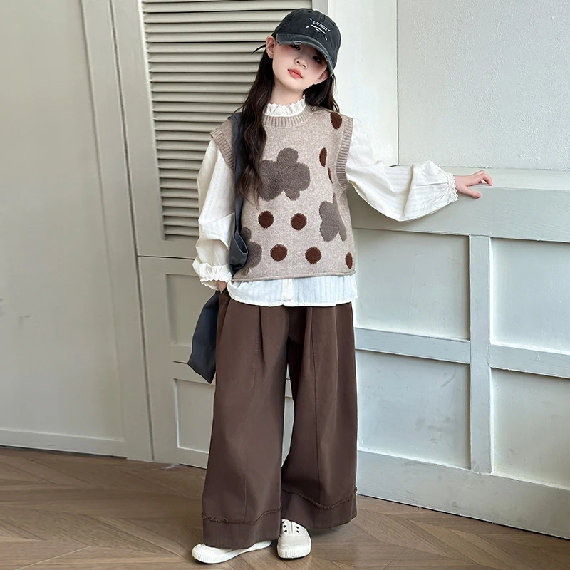 女童秋装三件套2024新款洋气潮酷儿童女孩春秋季毛衣马甲衬衫套装