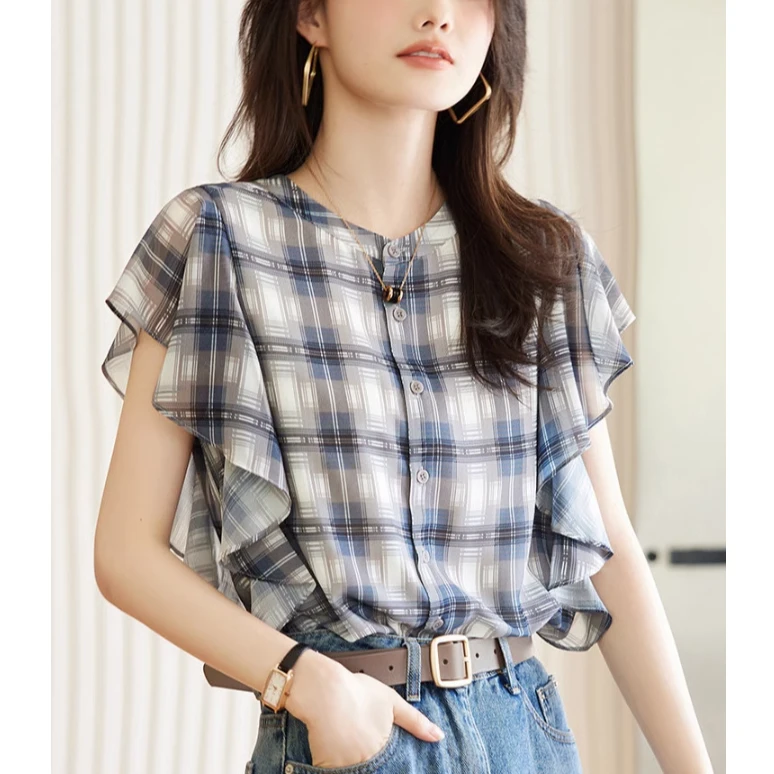 9135复古格子荷叶边拼接雪纺衬衫女夏新款设计感小众休闲别致上衣