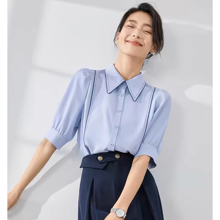 【银泰专属】9141短袖衬衫女夏季新款上衣设计感小众法式高级感衬衣