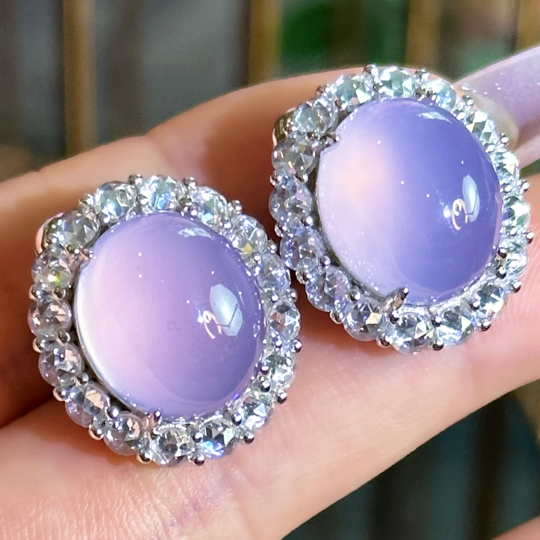 suichen/穗辰天然珠宝S925银镶嵌紫玉髓大蛋面鸽子蛋时尚气质耳钉