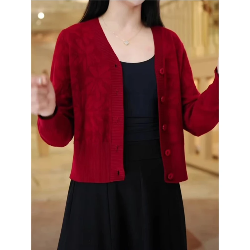 洋气短款V领毛衣开衫外套女士新款富贵花宽松针织外搭上衣