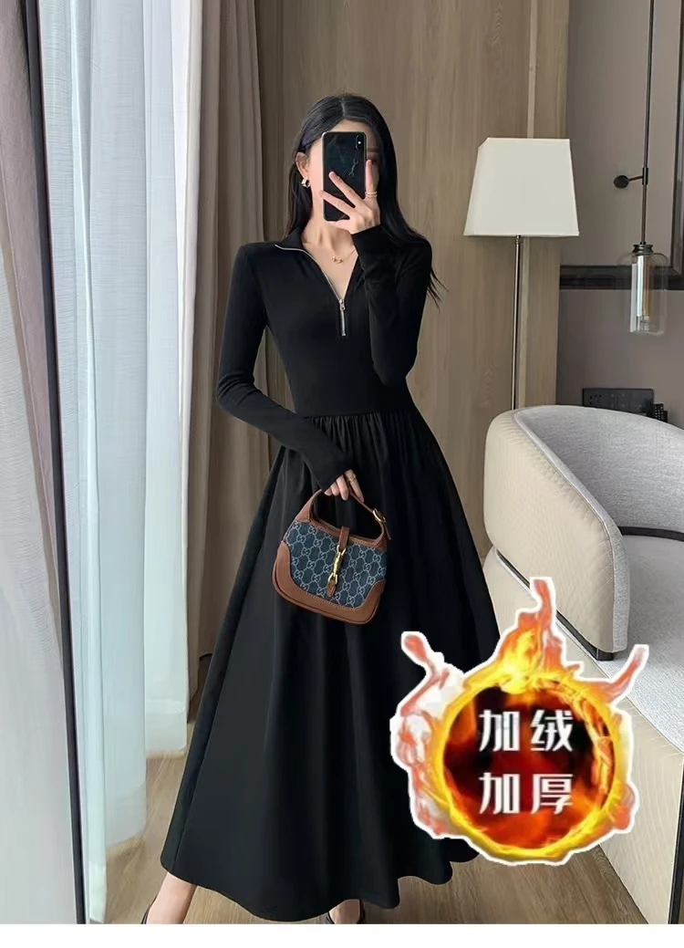 加绒款--连衣裙显瘦气质小黑裙法式收腰赫本风修身秋冬打底黑色