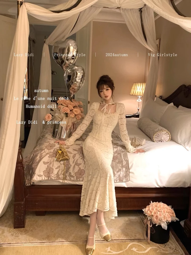 ---连衣裙裙子蕾丝显瘦法式性感复古镂空纯欲温柔风