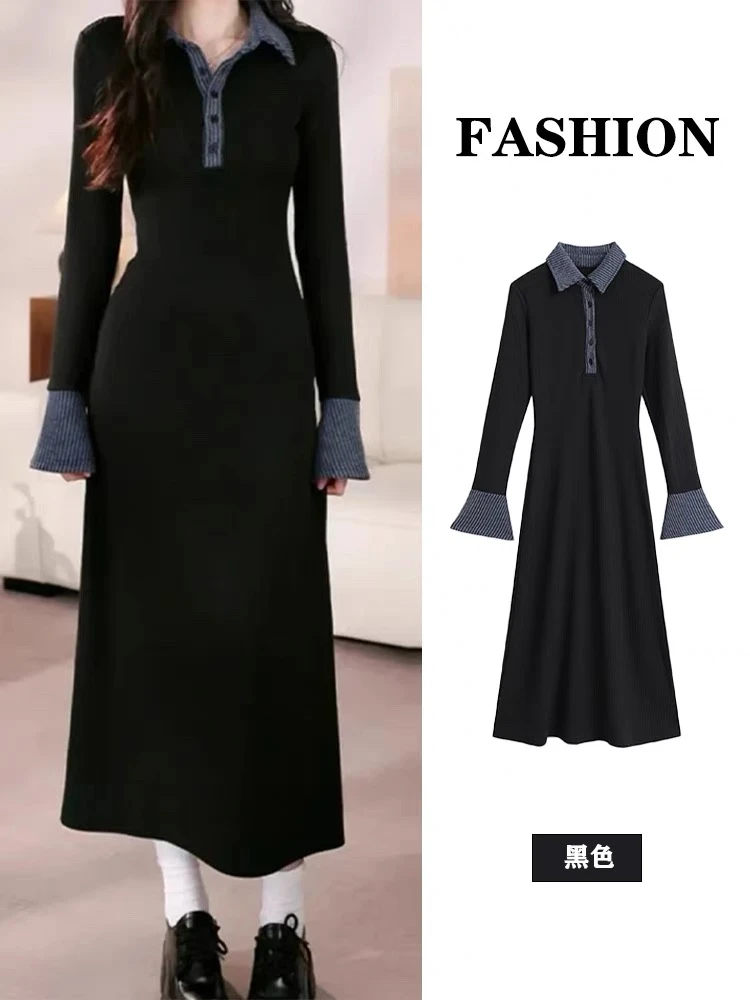 现货秒发--修身长裙秋冬显瘦收腰时尚连衣裙设计款翻领辣妹小黑裙
