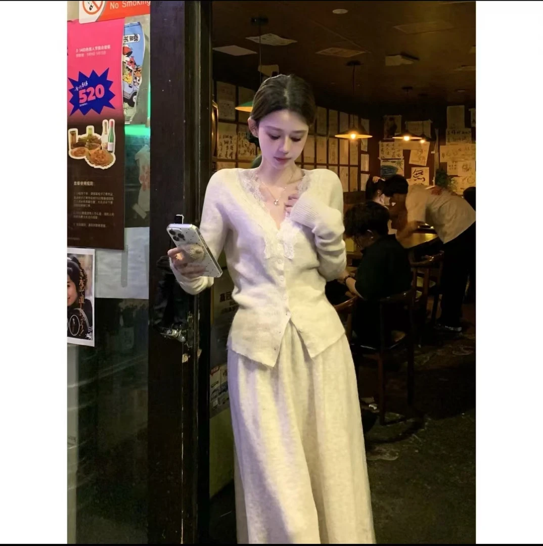 现货秒发---糯米绒长袖套装半身打底法式长款设计师裙显瘦气质时2