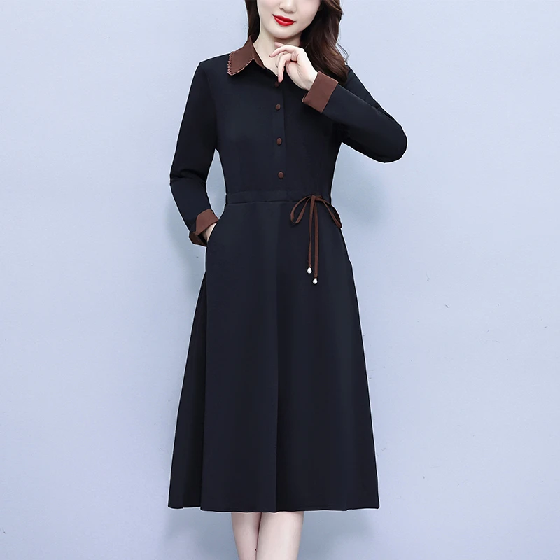 POLO领连衣裙女2024年春秋新款妈妈装洋气显瘦系带收腰中长款裙子