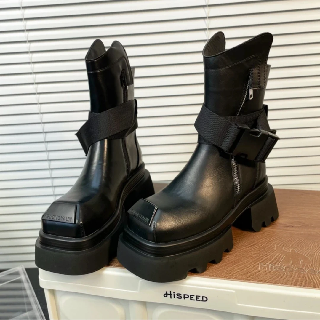 欧洲站时尚方头皮带扣真皮厚底马丁靴增高6.5cm短靴机车靴