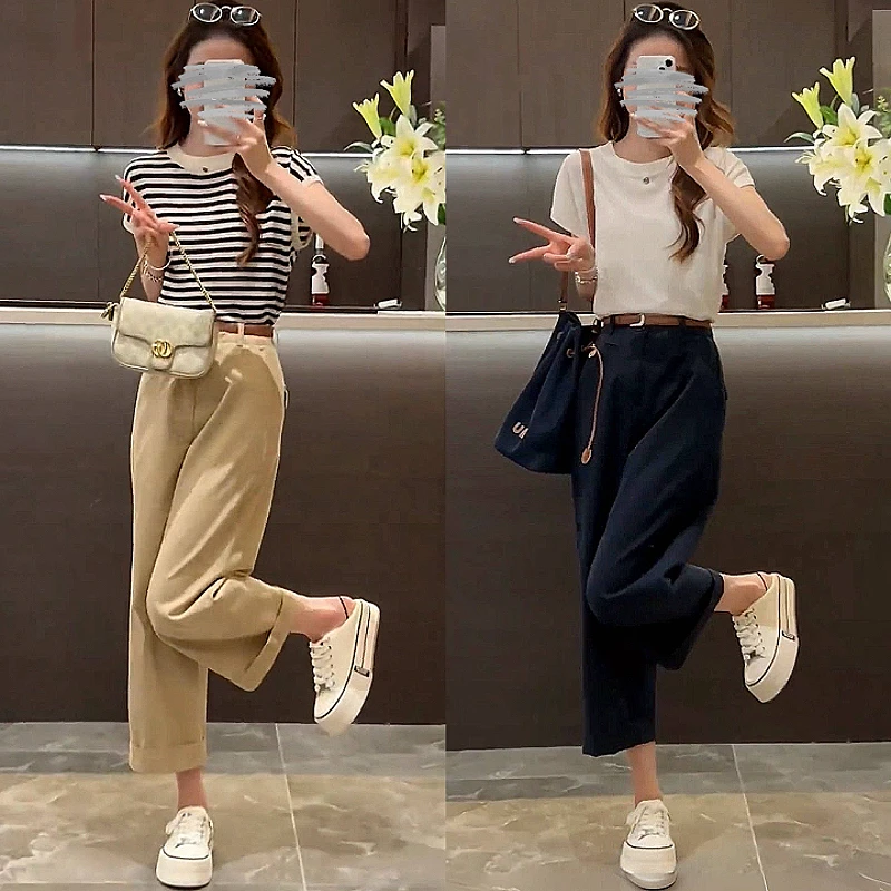 短袖套装显瘦阔腿裤洋气时尚夏季减龄女装上衣裤子气质高腰休闲