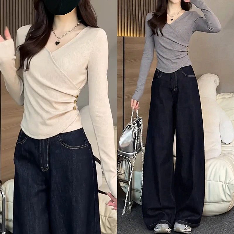 2024秋季新款时尚休闲设计感V领打底上衣牛仔阔腿裤套装洋气显瘦
