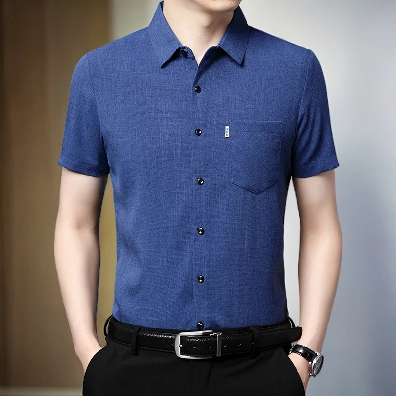 夏季男士亚麻衬衫短袖翻领口袋爸爸装商务休闲薄款大码纯色衬衣