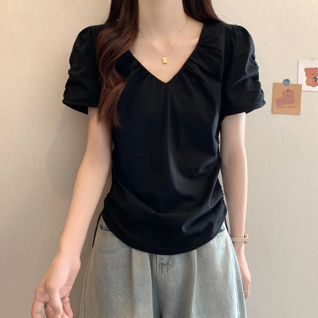 大码女装设计感V领短袖抽绳T恤女夏季胖妹妹显瘦遮肚褶皱上衣藏肉