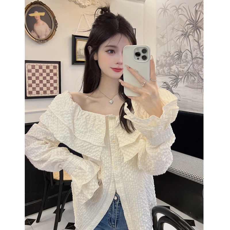 大码女装微胖MM法式设计感荷叶边收腰显瘦衬衫早秋韩系一字肩上衣