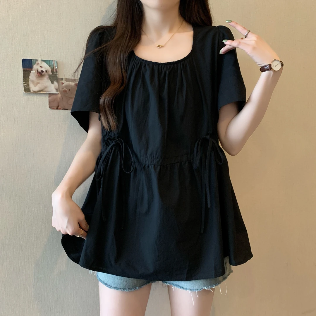 大码女装遮肚子荷叶边方领小众衬衫女夏季胖妹妹宽松显瘦正肩上衣