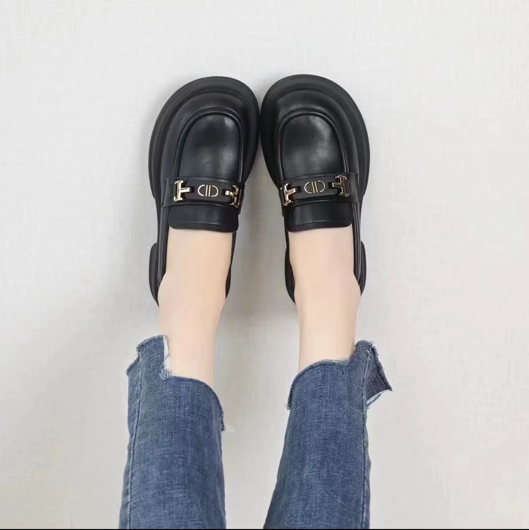 5603【CD款】春季新款圆头乐福鞋休闲百搭厚底乐福鞋春秋时尚黑色