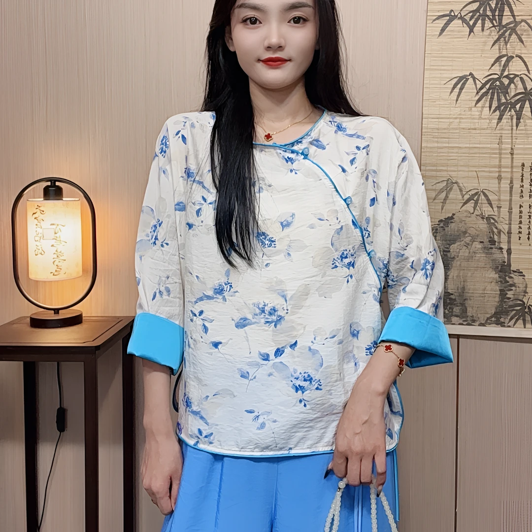 【婉月】新中式衬衫女装中国风长袖衬衫古风款兰花小衫