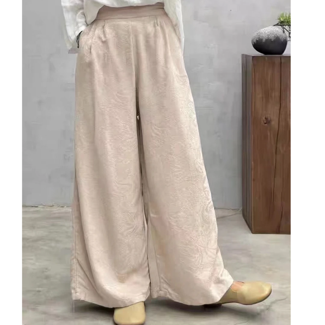 【婉月】复古老布提花松紧休闲阔腿裤