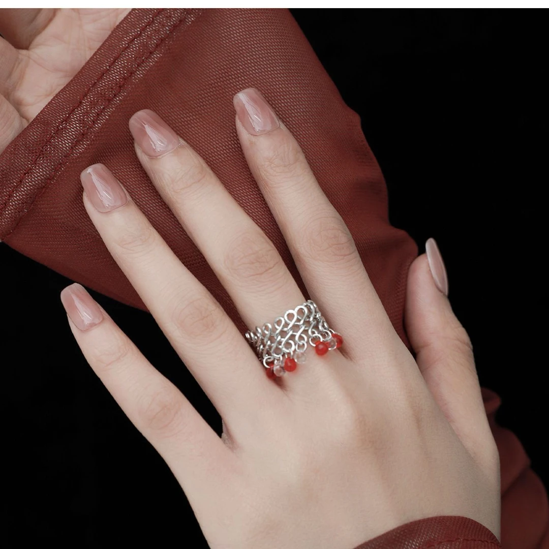 925银玻璃戒指 红水滴流苏戒指 原创小众高级感戒指可调节x03