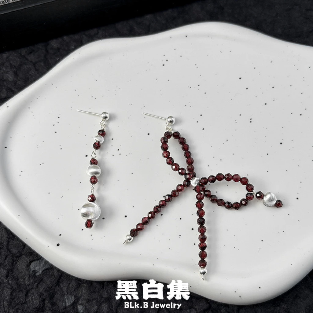 925银耳饰 手工个性小众大自然石留石拉丝珠蝴蝶结耳钉 Y35