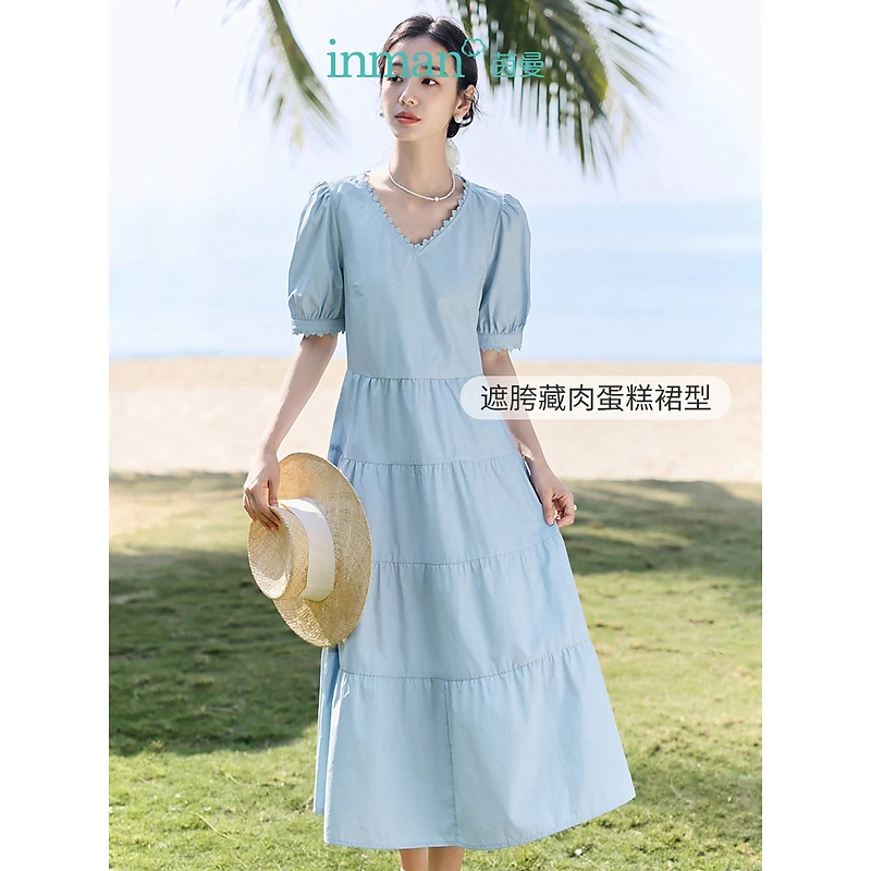 茵曼法式气质连衣裙夏季女装新款纯棉花边V领泡泡袖A字长裙
