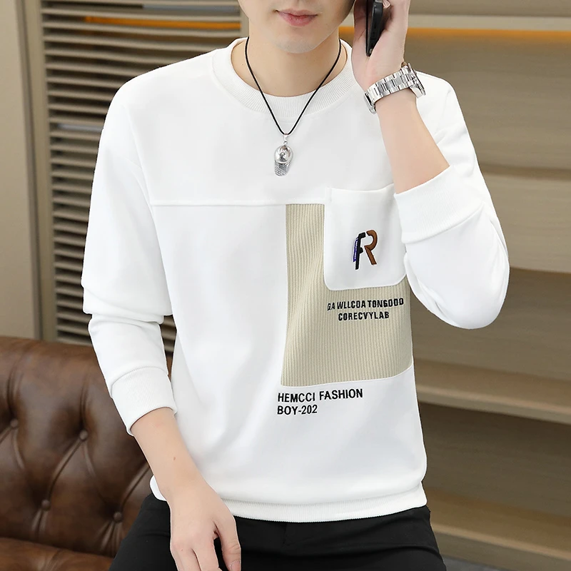 高档卫衣男士潮流百搭卫衣春季新款刺绣上衣长袖T恤品质男装23297
