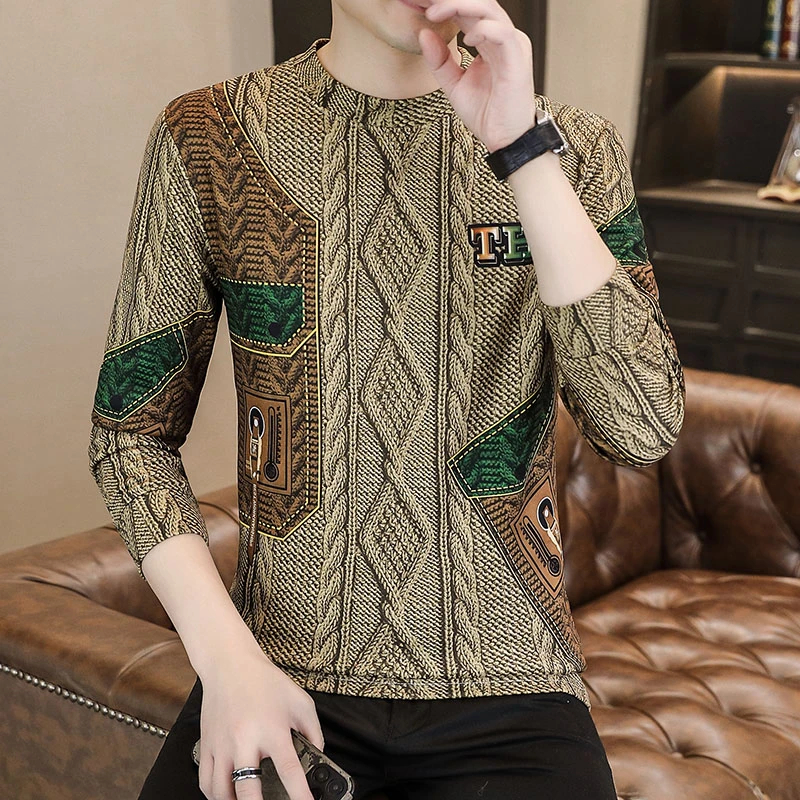 高档欧货印花德绒卫衣男秋冬时尚休闲长袖T恤打底衫品质男装7276