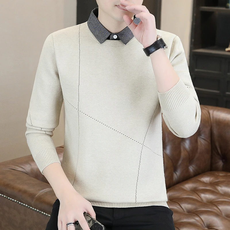 高档假两件衬衫领毛衣男士秋季时尚休闲长袖打底针织衫男装24913
