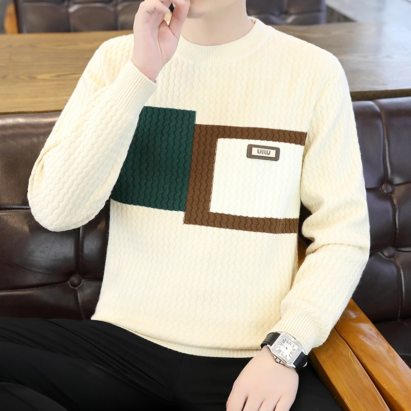 高档圆领拼色提花毛衣男士秋冬时尚休闲打底针织衫品质男装8825