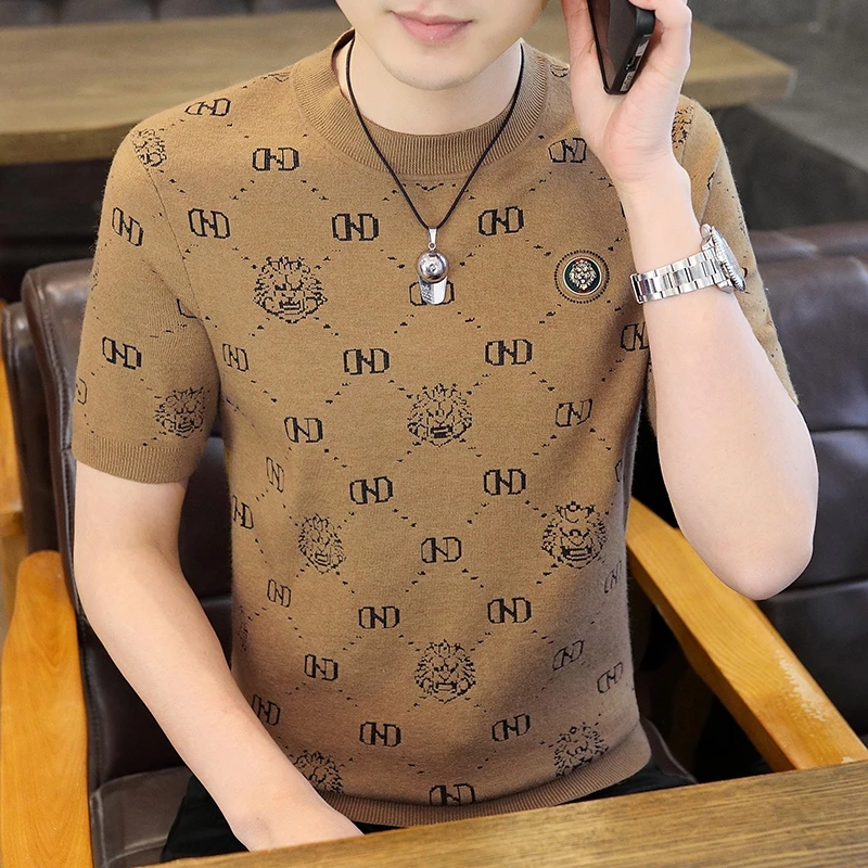 高档针织毛衣百搭短袖男休闲帅气T恤加厚个性打底衫上衣品质男装