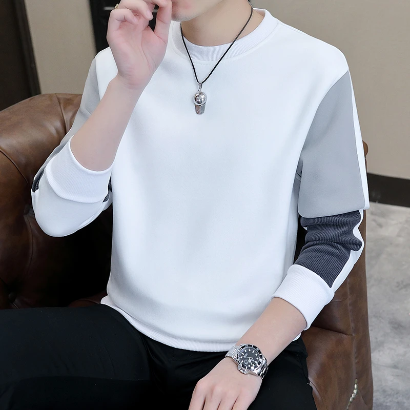 高档卫衣男拼色圆领秋冬季新款打底衫时尚帅气套头衫新款上衣百搭