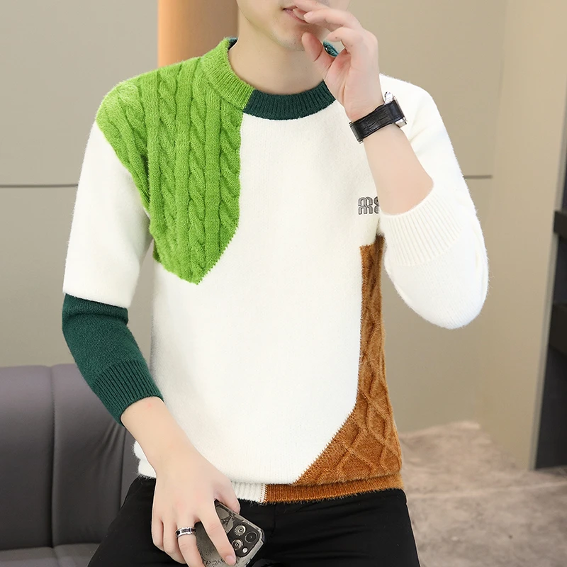 高档圆领拼色提花毛衣男士秋冬时尚休闲打底针织衫品质男装7148