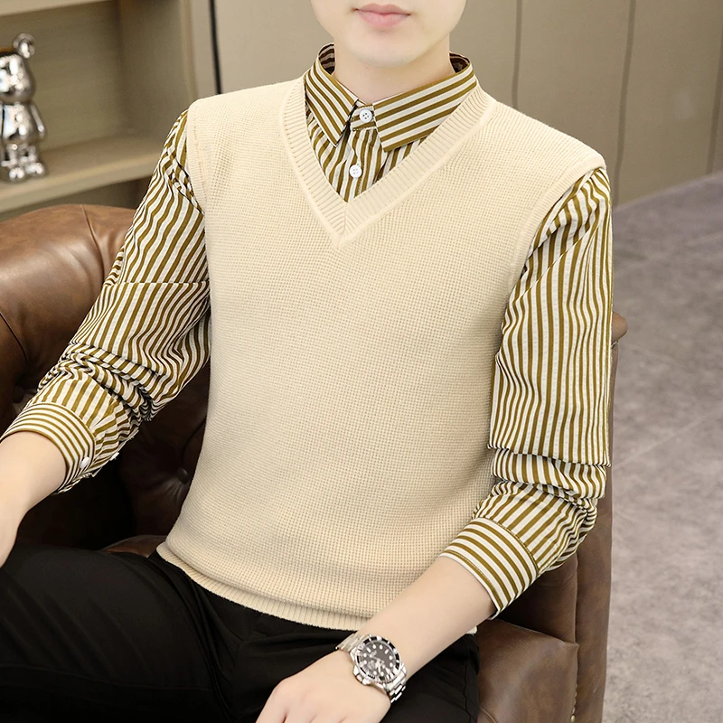 高档假两件衬衫领针织衫毛衣男士秋季时尚休闲针织衫品质男装2320
