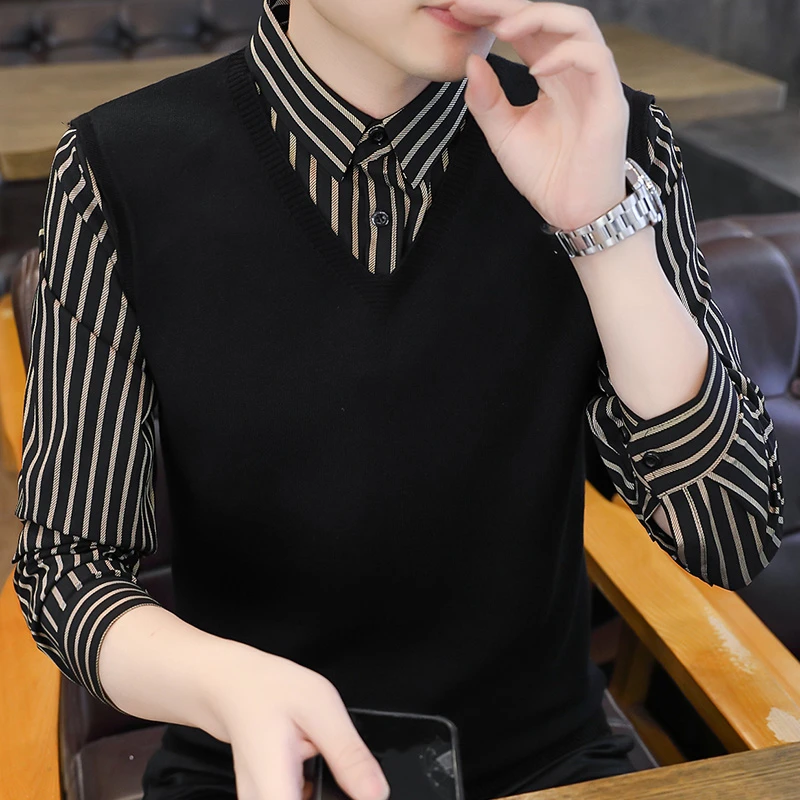 高档毛衣男假两件衬衫领时尚帅气上衣打底条纹休闲针织衫品质男装