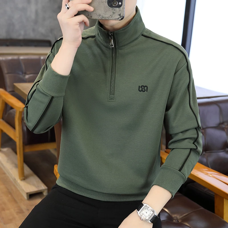 高档立领刺绣卫衣男秋季时尚休闲百搭长袖T恤打底衫品质男装6619