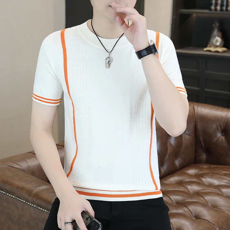 高档圆领拼色针织短袖毛衣男秋冬季时尚休闲打底半袖体恤男装1167