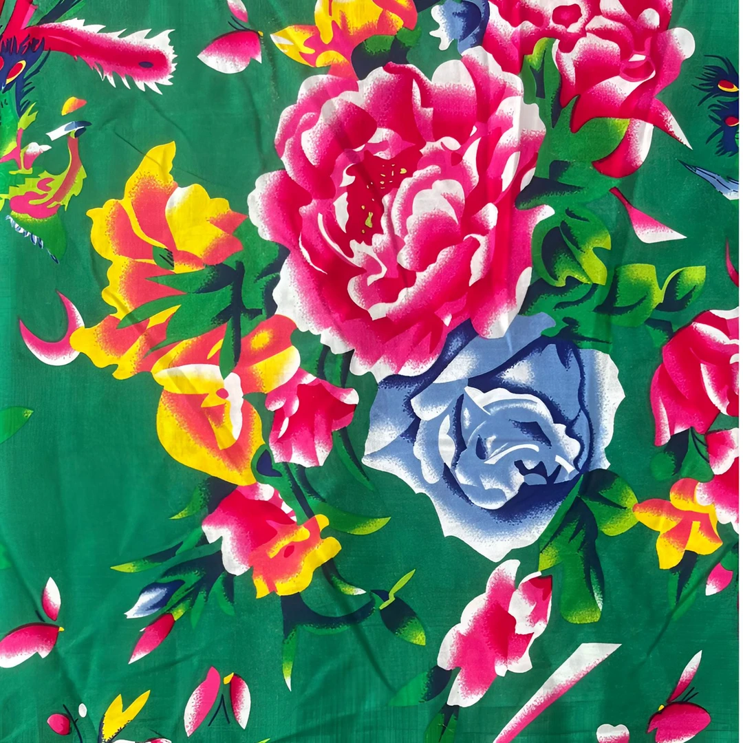 绿东北大花-高品质精品棉绸---不支持七天无理由退换货