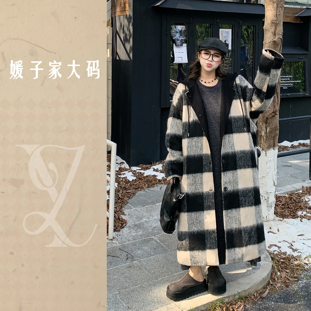 媛子大码格子毛呢外套连帽韩版慵懒秋冬季高级感宽松中长款83677