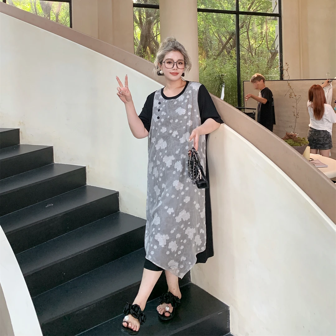 媛子大码假两件叠穿设计款罩衫连衣裙镂空蕾丝韩版时尚长裙83175