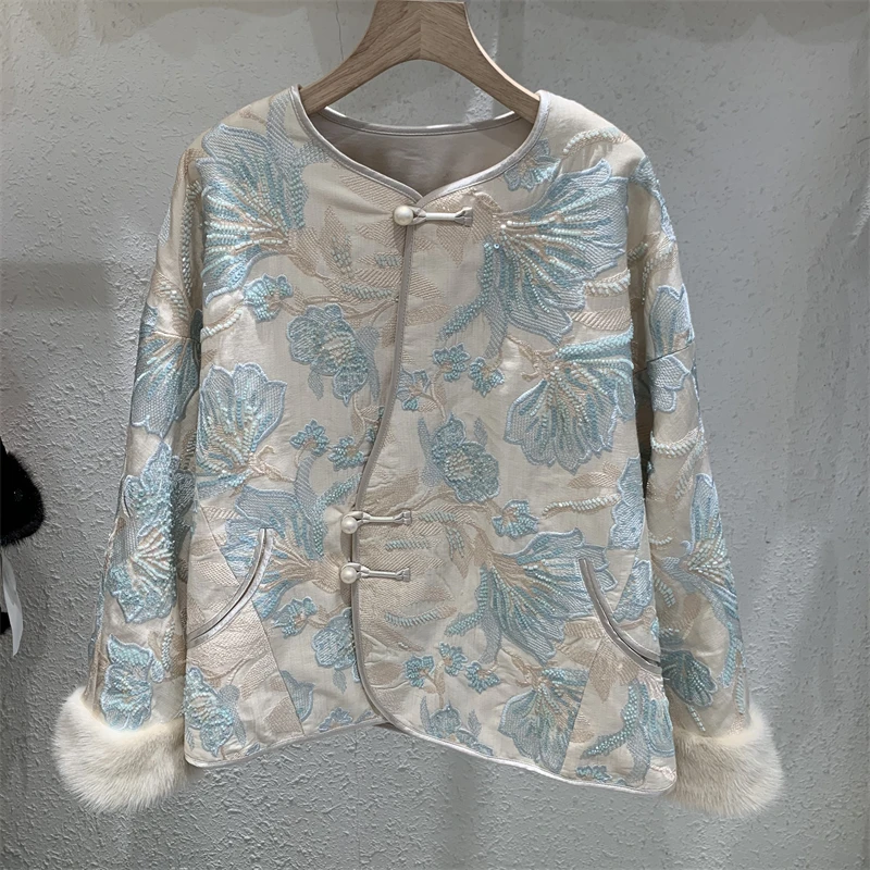 2024冬季新款女新中式国风盘扣刺绣拼接保暖羽绒服时尚女气质复古