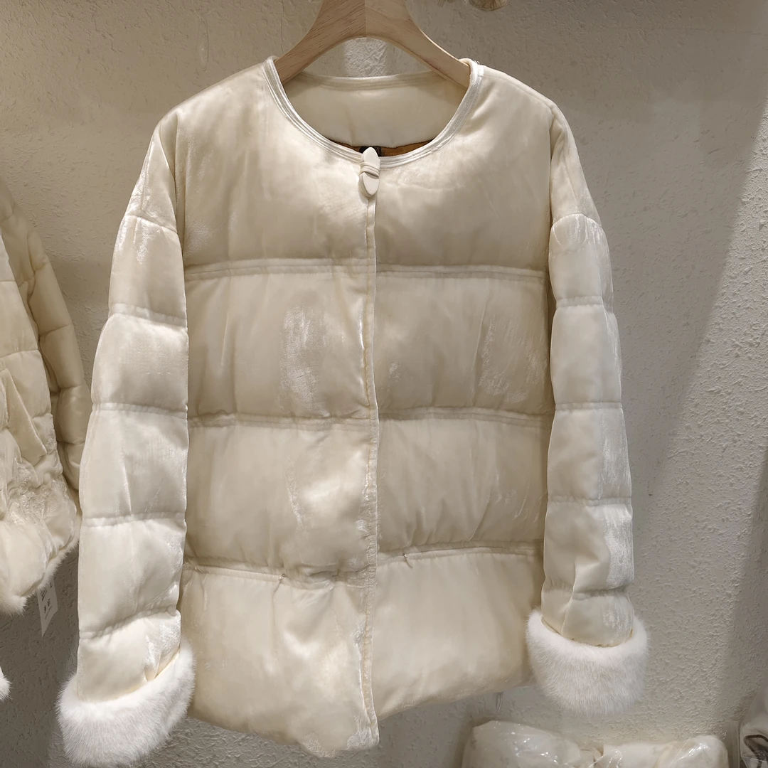 金丝绒保暖羽绒服国风面包服2024年冬季新款轻奢高级感白鸭绒外套