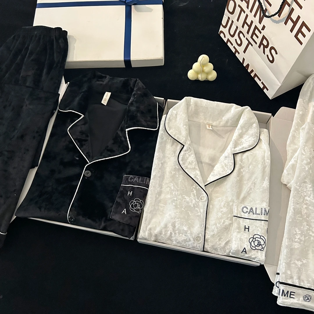 ins轻奢风情侣金丝绒睡衣女秋冬款高级感山茶花春秋长袖家居服男