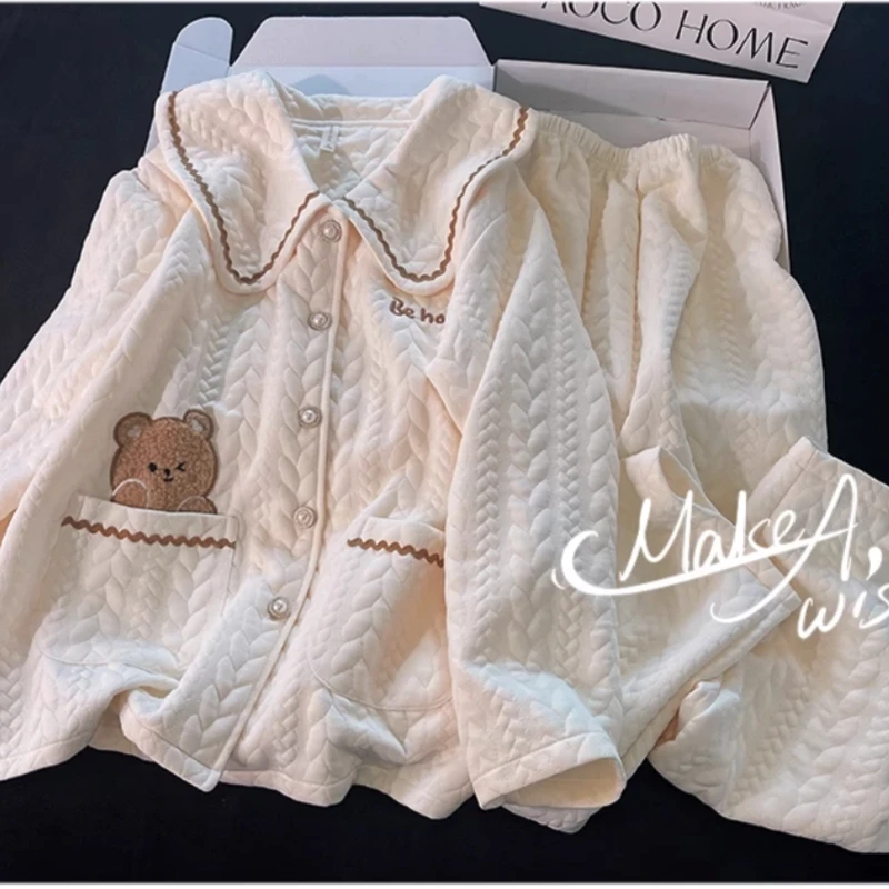 睡衣女春秋冬季长袖空气棉夹层加厚卡通小熊学生保暖高级感家居服